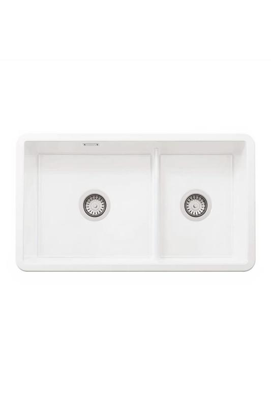 Ausmann Ceramic Ember Chiuvetă Ceramică Albă de o jumătate montată pe suprafață și încastrată 733 x 401 mm cu dopuri din inox 1208970737