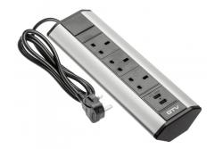 Cablu de prelungire pentru birou cu 3 prize UK unghiulare, 2xUSB 2.1A 5V (argintiu) VERSIUNE ENGLEZĂ