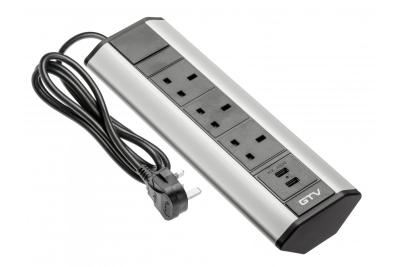 Cablu de prelungire pentru birou cu 3 prize UK unghiulare, 2xUSB 2.1A 5V (argintiu) VERSIUNE ENGLEZĂ