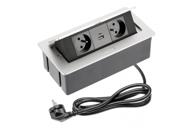 Priză moale pentru mobilă 2x cu împământare, USB A+C, cablu de alimentare cu priză, aluminiu.