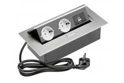 Cablu de prelungire pentru birou 2x prize Schuko, 2x USB, cablu de alimentare cu mufă, aluminiu