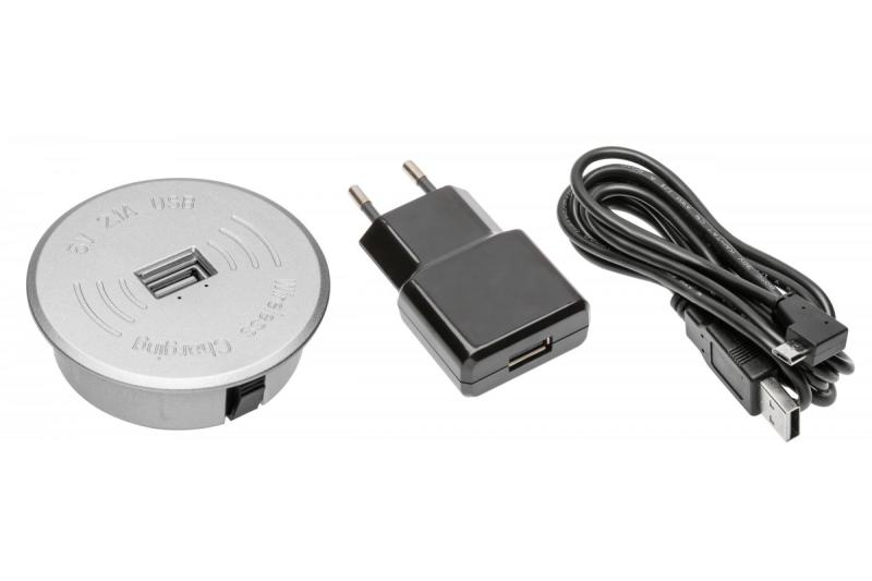 Set încărcător wireless cu USB argintiu cu adaptor de alimentare (cablu USB detașabil de 2 m)