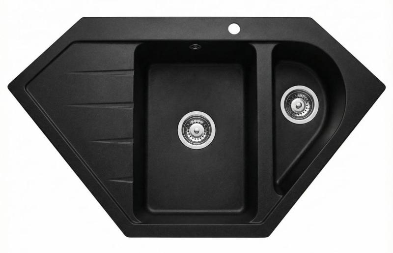 Graniteland Amiata Chiuvetă de granit negru cu colțuri rotunjite, montată pe blat, 955 x 489 mm, cu dop din oțel inoxidabil 1208971120