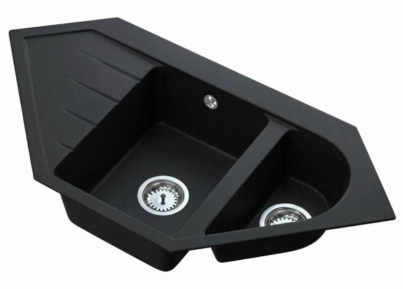 Graniteland Amiata Chiuvetă de granit negru cu colțuri rotunjite, montată pe blat, 955 x 489 mm, cu dop din oțel inoxidabil 1208971120