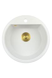 GraniteMy Bremen chiuvetă rotundă din granit de 43 cm, albă, de montat pe suprafață și sub blat, cu orificiu pentru robinet și dop auriu 1208971219