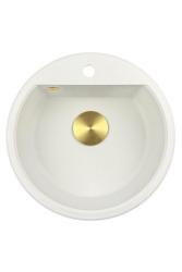 GraniteMy Bremen chiuvetă rotundă din granit de 43 cm, albă, de montat pe suprafață și sub blat, cu orificiu pentru robinet și dop auriu 1208971219