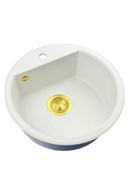 GraniteMy Bremen chiuvetă rotundă din granit de 43 cm, albă, de montat pe suprafață și sub blat, cu orificiu pentru robinet și dop auriu 1208971219