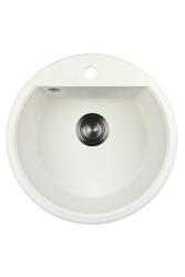 GraniteMy Bremen chiuvetă rotundă din granit de 43 cm, albă, de suprafață și de sub blat, cu gaură pentru robinet și dop metalic mat 1208971220