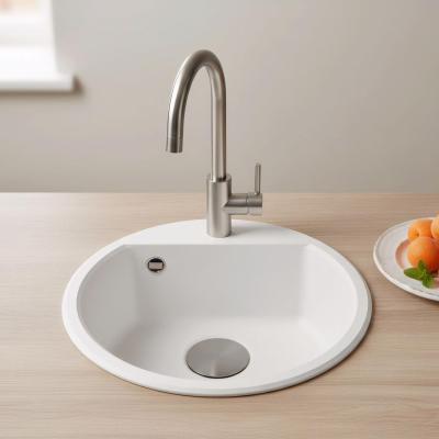 GraniteMy Bremen chiuvetă rotundă din granit de 43 cm, albă, de suprafață și de sub blat, cu gaură pentru robinet și dop metalic mat 1208971220