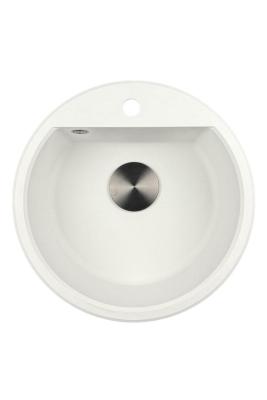 GraniteMy Bremen chiuvetă rotundă din granit de 43 cm, albă, de suprafață și de sub blat, cu gaură pentru robinet și dop metalic mat 1208971220
