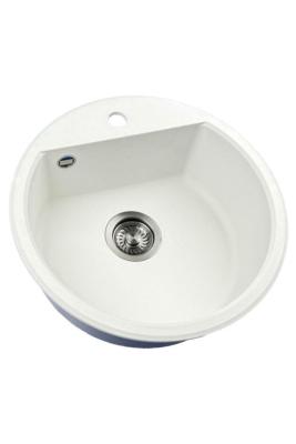 GraniteMy Bremen chiuvetă rotundă din granit de 43 cm, albă, de suprafață și de sub blat, cu gaură pentru robinet și dop metalic mat 1208971220