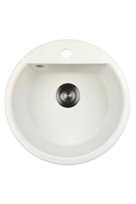 GraniteMy Bremen chiuvetă rotundă din granit de 43 cm, albă, de suprafață și de sub blat, cu gaură pentru robinet și dop metalic mat 1208971220