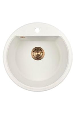 GraniteMy Bremen chiuvetă rotundă din granit de 43 cm albă, de montat și submontat, cu orificiu pentru robinet și dop de cupru 1208971222