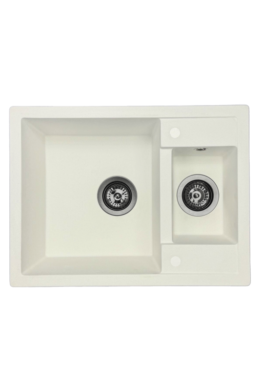 GraniteMy Smart extra superficială 1,5 chiuvetă de granit montată pe suprafață, albă, 58x44cm cu dop metalic gri închis1208971225