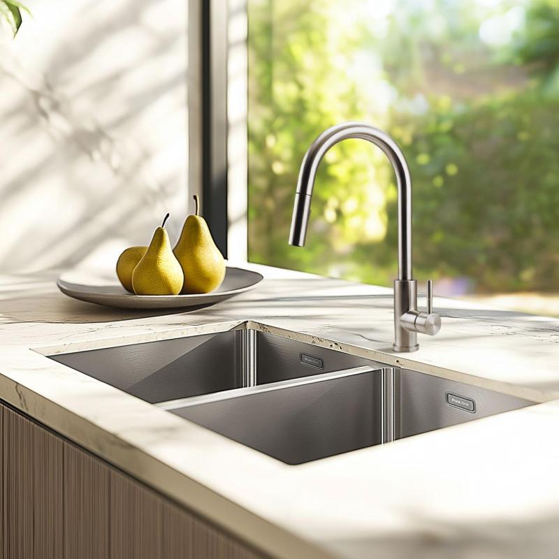 Pure.Sink Prestige Chiuveta dublă din inox 70x40 cm, rază de 10mm pentru montare sub blat, la nivel cu blatul și suprapusă PPG343440-02
