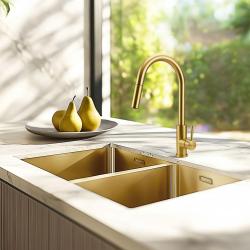 Pure.Sink Prestige Dublă chiuvetă aurie 70x40 cm cu raza de 10mm pentru montare sub blat, la nivelul blatului și suprafață PPG343440-60