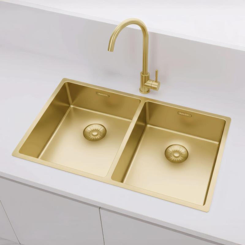 Pure.Sink Prestige Dublă chiuvetă aurie 70x40 cm cu raza de 10mm pentru montare sub blat, la nivelul blatului și suprafață PPG343440-60