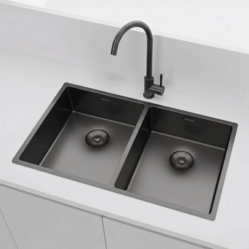 Pure.Sink Prestige Dublă chiuvetă Gun Metal 70x40 cm, rază de 10mm, montaj sub blat, montaj la nivelul blatului și montaj superior PPG343440-61