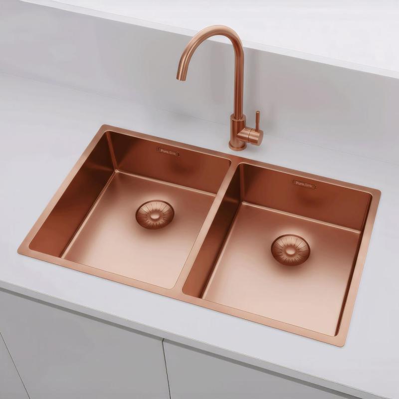 Pure.Sink Prestige Dublă chiuvetă de cupru 70x40cm, rază de 10mm, montare sub blat, montare la nivel și montare superioară PPG343440-62