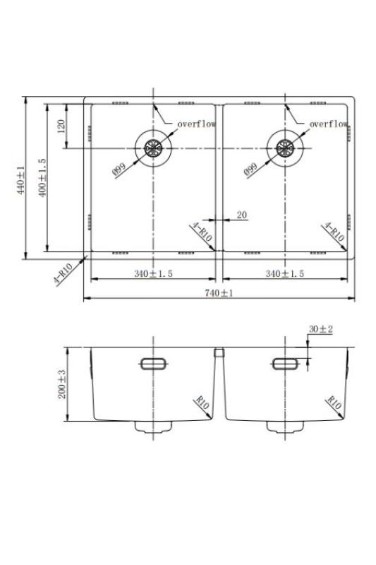 Pure.Sink Prestige Dublă chiuvetă de cupru 70x40cm, rază de 10mm, montare sub blat, montare la nivel și montare superioară PPG343440-62