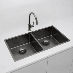 Pure.Sink Prestige Dublă Chiuvetă Gun Metal 82x40 cm, cu rază de 10mm pentru montare inferioară, montare pe nivel și montare superioară PPG404040-61