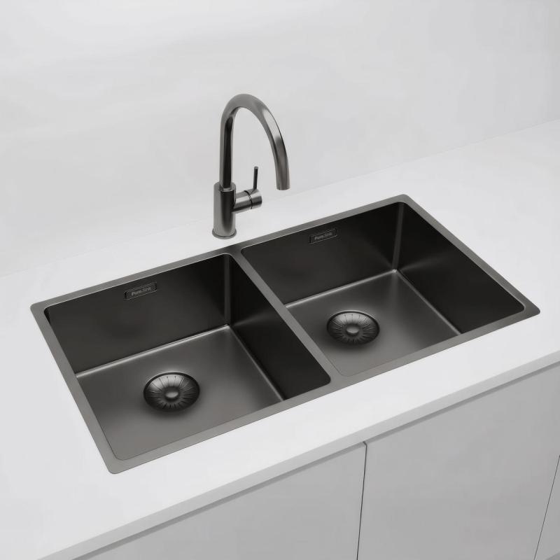 Pure.Sink Prestige Dublă Chiuvetă Gun Metal 82x40 cm, cu rază de 10mm pentru montare inferioară, montare pe nivel și montare superioară PPG404040-61