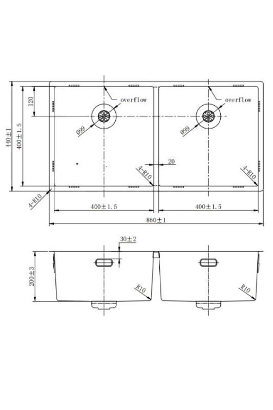 Pure.Sink Prestige Dublă Chiuvetă Gun Metal 82x40 cm, cu rază de 10mm pentru montare inferioară, montare pe nivel și montare superioară PPG404040-61