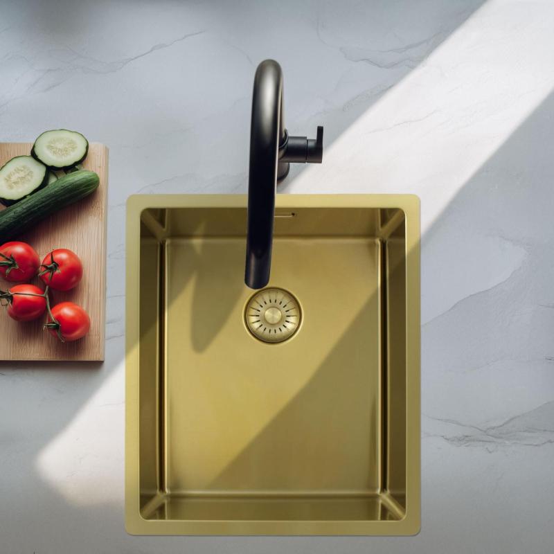 Pure.Sink Exclusivo Chiuvetă aurie 34x40 cm, cu rază de 10mm pentru montare sub blat, la nivel cu blatul sau suprafață PEX3440-60
