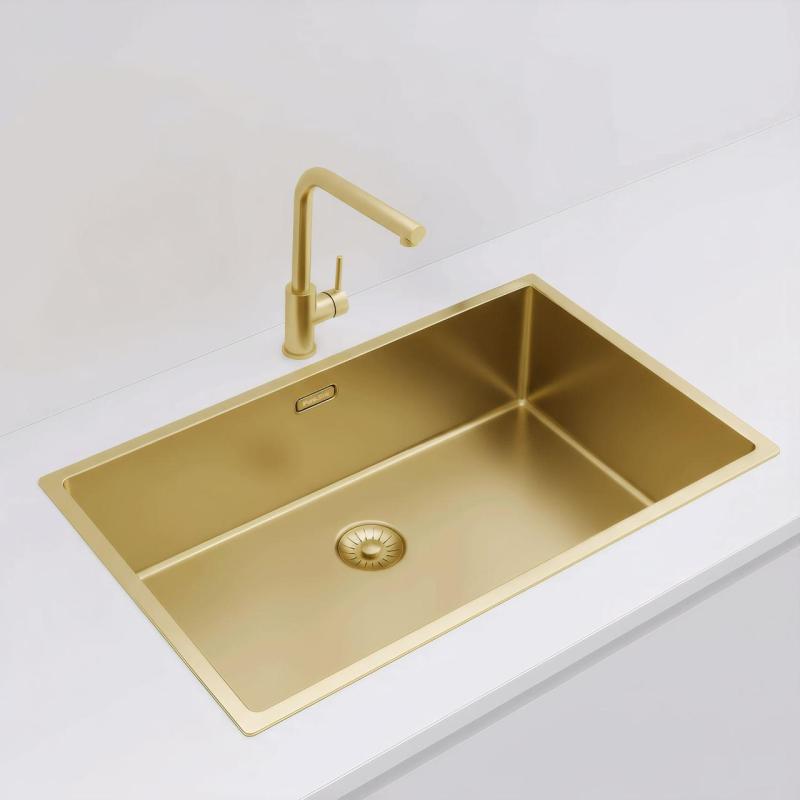 Pure.Sink Exclusivo chiuvetă mare aurie 70x40 cm, rază de 10mm pentru montare sub blat, la nivel cu blatul și suprapusă PEX7040-60