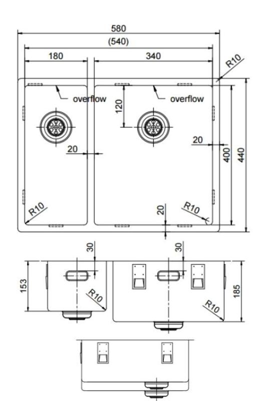 Pure.Sink Exclusivo RVS 1,5 cuvă dublă de 18+34 cm cu rază de 10mm PEX183440-02