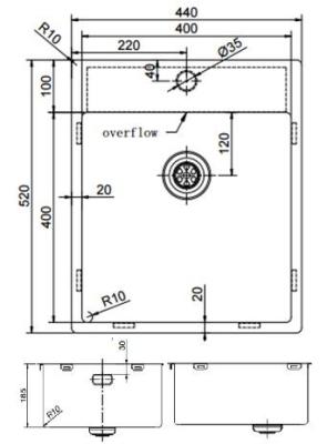 Pure.Sink Exclusivo Chiuvetă din oțel inoxidabil 44x52 cm Tapwing cu gaura pentru robinet, rază de 10mm PEX4040T-02