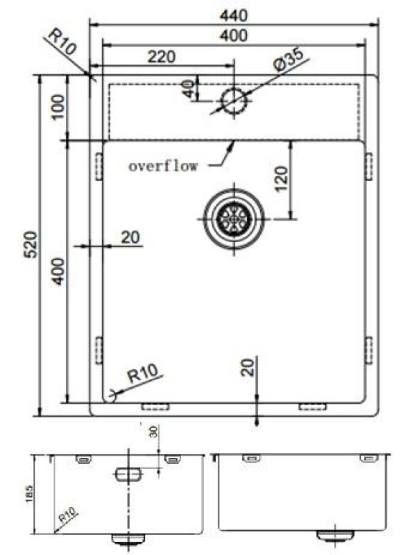 Chiuvetă Pure.Sink Exclusivo Gun Metal 44x52 cm Tapwing cu gaură pentru robinet, rază 10mm PEX4040T-61