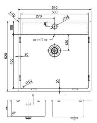 Pure.Sink Exclusivo Chiuvetă din inox 54x52cm Tapwing cu orificiu pentru robinet, rază 10mm PEX5040T-02