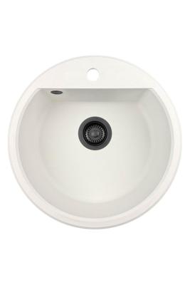 GraniteMy Bremen chiuvetă rotundă din granit de 43 cm, albă, de suprafață și submontare, cu gaură pentru robinet și dop negru 1208971312