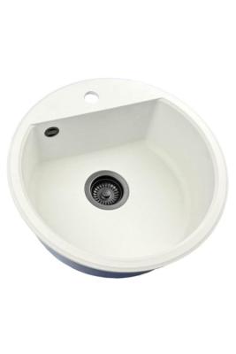 GraniteMy Bremen chiuvetă rotundă din granit de 43 cm, albă, de suprafață și submontare, cu gaură pentru robinet și dop negru 1208971312