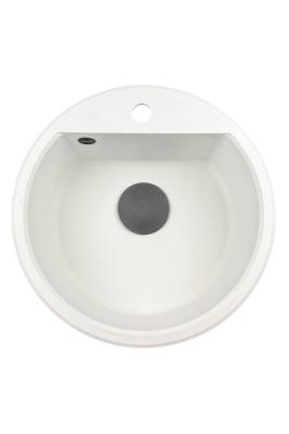 GraniteMy Bremen chiuvetă rotundă din granit de 43 cm, albă, de suprafață și submontare, cu gaură pentru robinet și dop negru 1208971312
