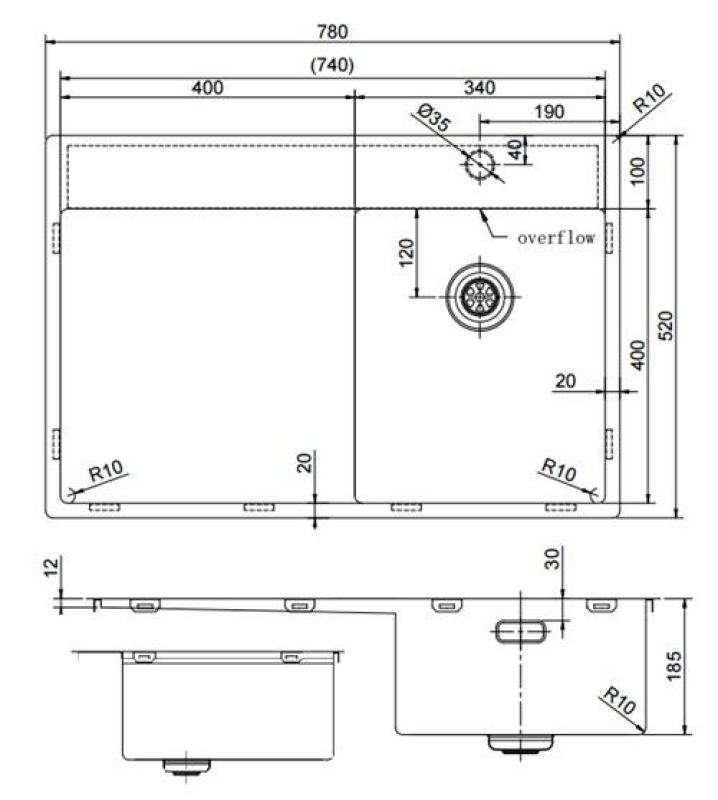Pure.Sink Exclusivo RVS chiuveta mică cu zona de scurgere 78x52 cm Tapwing dreapta PEX3478RT-02