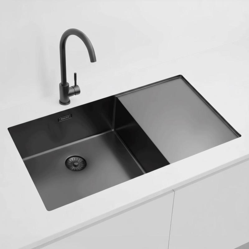 Chiuvetă Pure.Sink Exclusivo Gun Metal cu zonă de scurgere 86x52 cm Tapwing stânga PEX5086LT-61