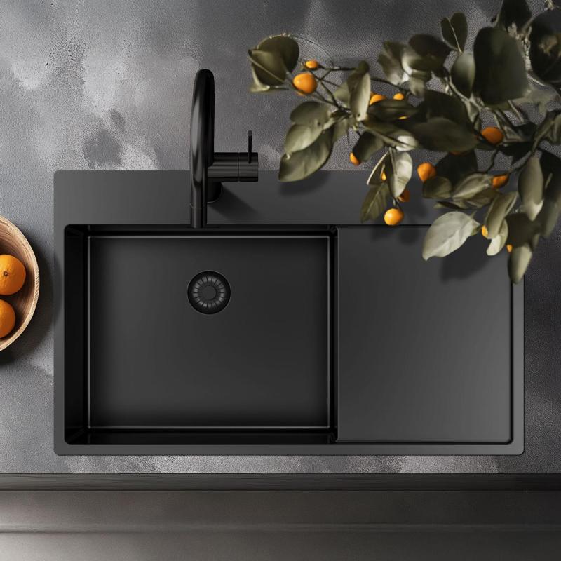 Chiuvetă Pure.Sink Exclusivo Gun Metal cu zonă de scurgere 86x52 cm Tapwing stânga PEX5086LT-61