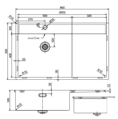 Pure.Sink Exclusivo Chiuvetă de cupru cu zonă de scurgere 86x52 cm Tapwing dreapta PEX5086RT-62