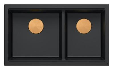 Chiuveta dublă Quadri Newport II din granit negru, montaj de suprafață, 76x45 cm, cu dop de cupru 1208971361