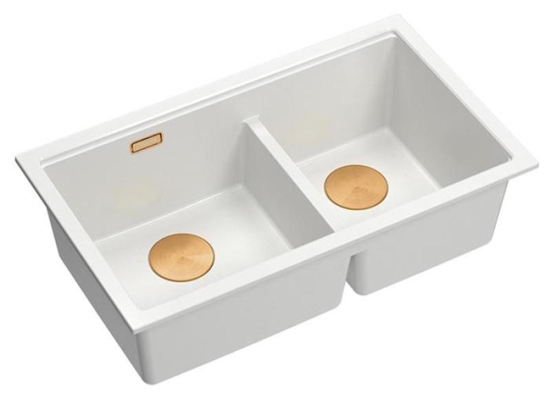 Chiuvetă dublă Quadri Newport II din granit alb, încorporabilă, 702 x 390 mm, cu dop de cupru 1208971373