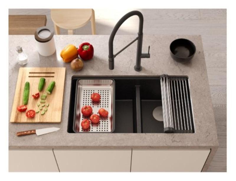 Chiuvetă dublă Quadri Newport II din granit alb, încorporabilă, 702 x 390 mm, cu dop de cupru 1208971373