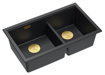 Quadri Newport II Chiuvetă dublă încorporată din granit negru 702 x 390 mm cu dop de aur 1208971381