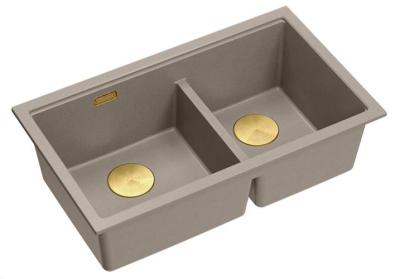 Chiuveta dublă Quadri Newport II din granit Taupe 702 x 390 mm cu dop aurit 1208971382