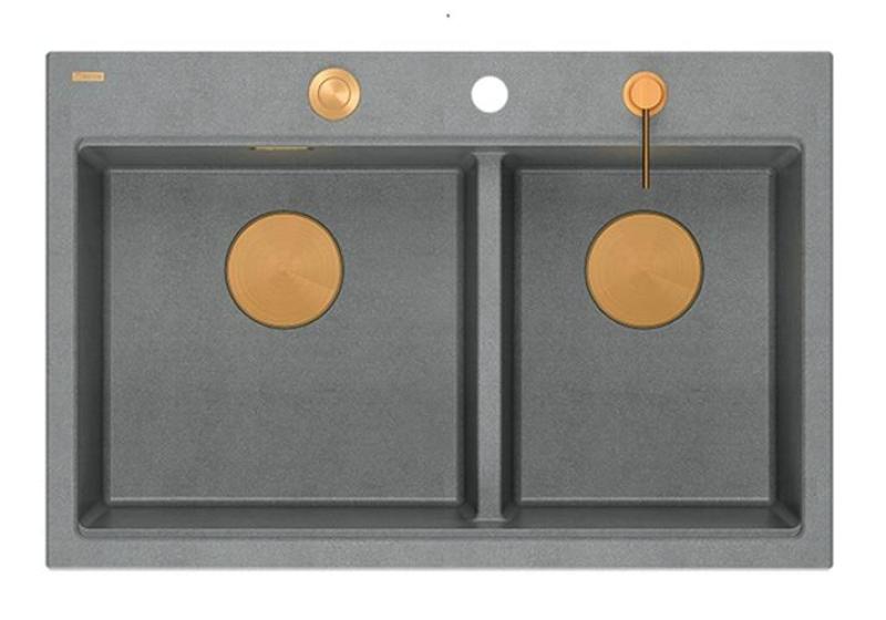 Chiuveta dublă Quadri Hard Rock din granit gri, de montat pe suprafață, 76x50 cm, cu dop de cupru și accesorii 1208971389