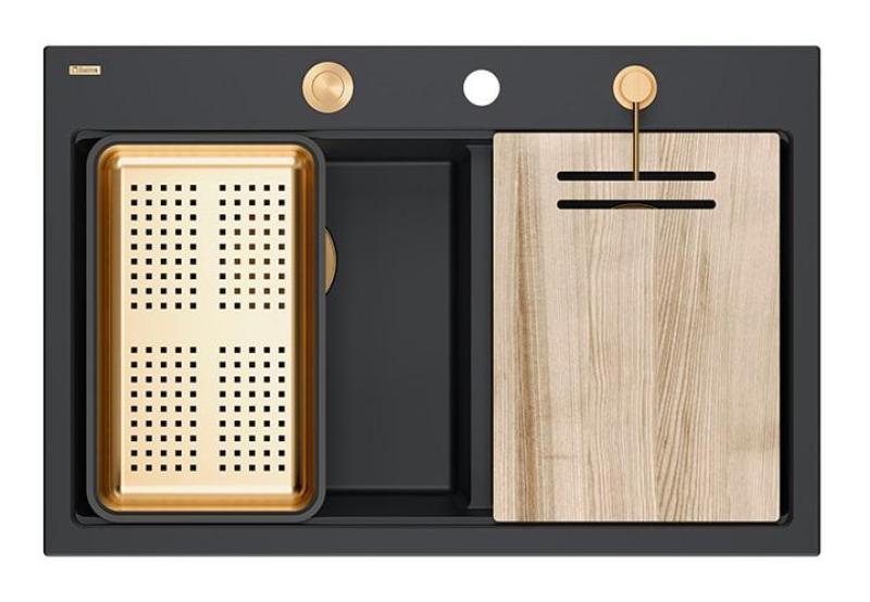 Chiuveta dublă Quadri Hard Rock din granit negru 76x50 cm cu dop de cupru și accesorii 1208971390