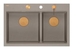 Chiuvetă de suprafață Quadri Hard Rock dublă în granit Taupe 76x50 cm cu dop de cupru și accesorii 1208971391