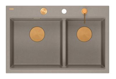Chiuvetă de suprafață Quadri Hard Rock dublă în granit Taupe 76x50 cm cu dop de cupru și accesorii 1208971391