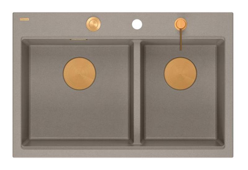 Chiuvetă de suprafață Quadri Hard Rock dublă în granit Taupe 76x50 cm cu dop de cupru și accesorii 1208971391